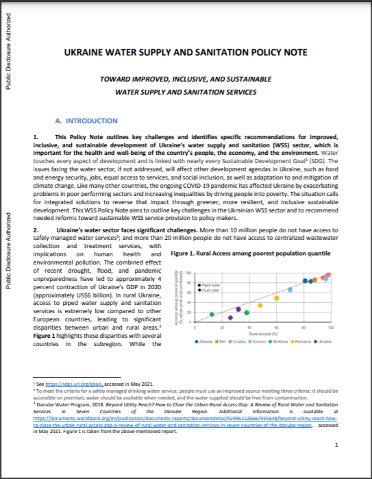 Ukraine Water Supply and Sanitation Policy Note : Toward Improved, Inclusive, and Sustainable Water Supply and Sanitation Services